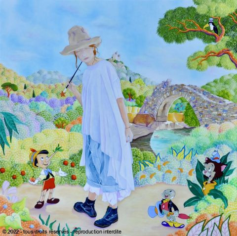L'artiste martine alison - La fée bleue a rendez-vous avec Pinocchio au pont des fées à Grimaud