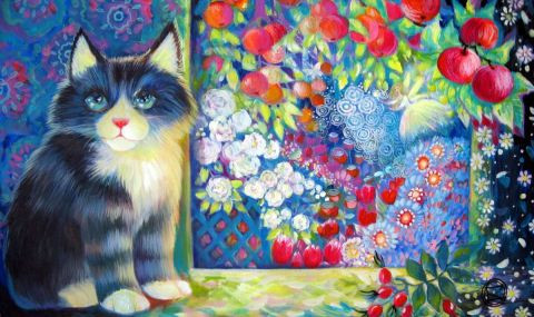 L'artiste OXANA ZAIKA - Un soir sur la terrasse*****Chat-Cat-Katze-Gatto**33x55